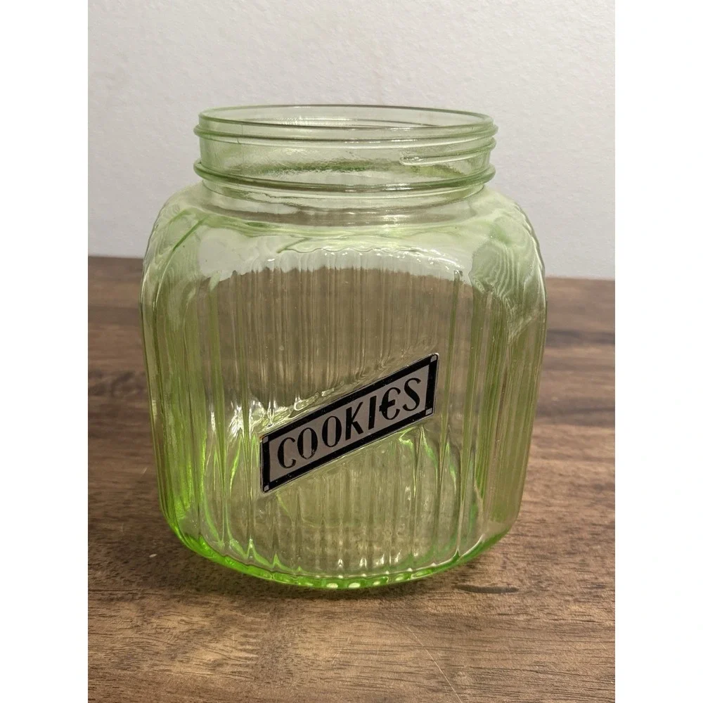 Anchor Hocking Hoosier Green Uranium Depression Glass Cookie Jar Ribbed Label